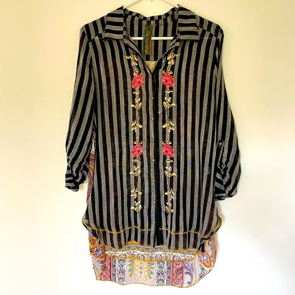 Aratta Silent Journey Floral Embroidered Top Mixed Media Button Down Sz S, M - Picture 2 of 14